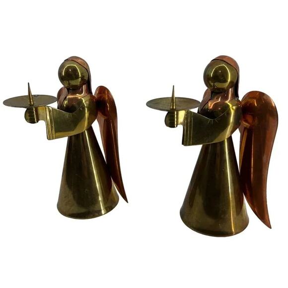Large MCM Brass Copper Angel Candle Holders Holiday Christmas Ornament - Picture 2 of 9